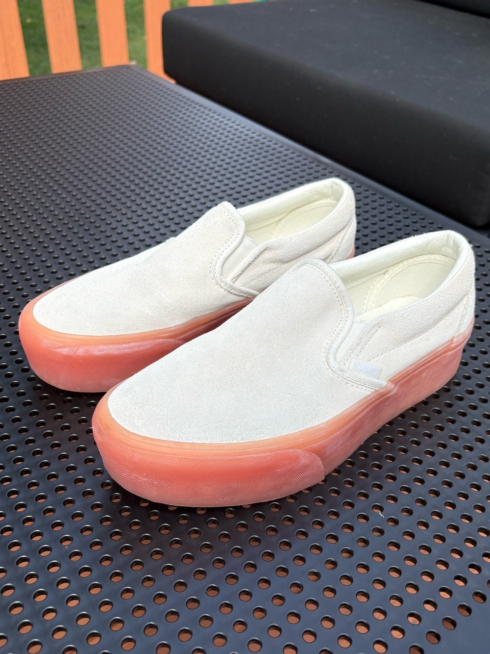 Vans Slip-On Platform Sneakers in Off-White Suede with Gum-Style Sole